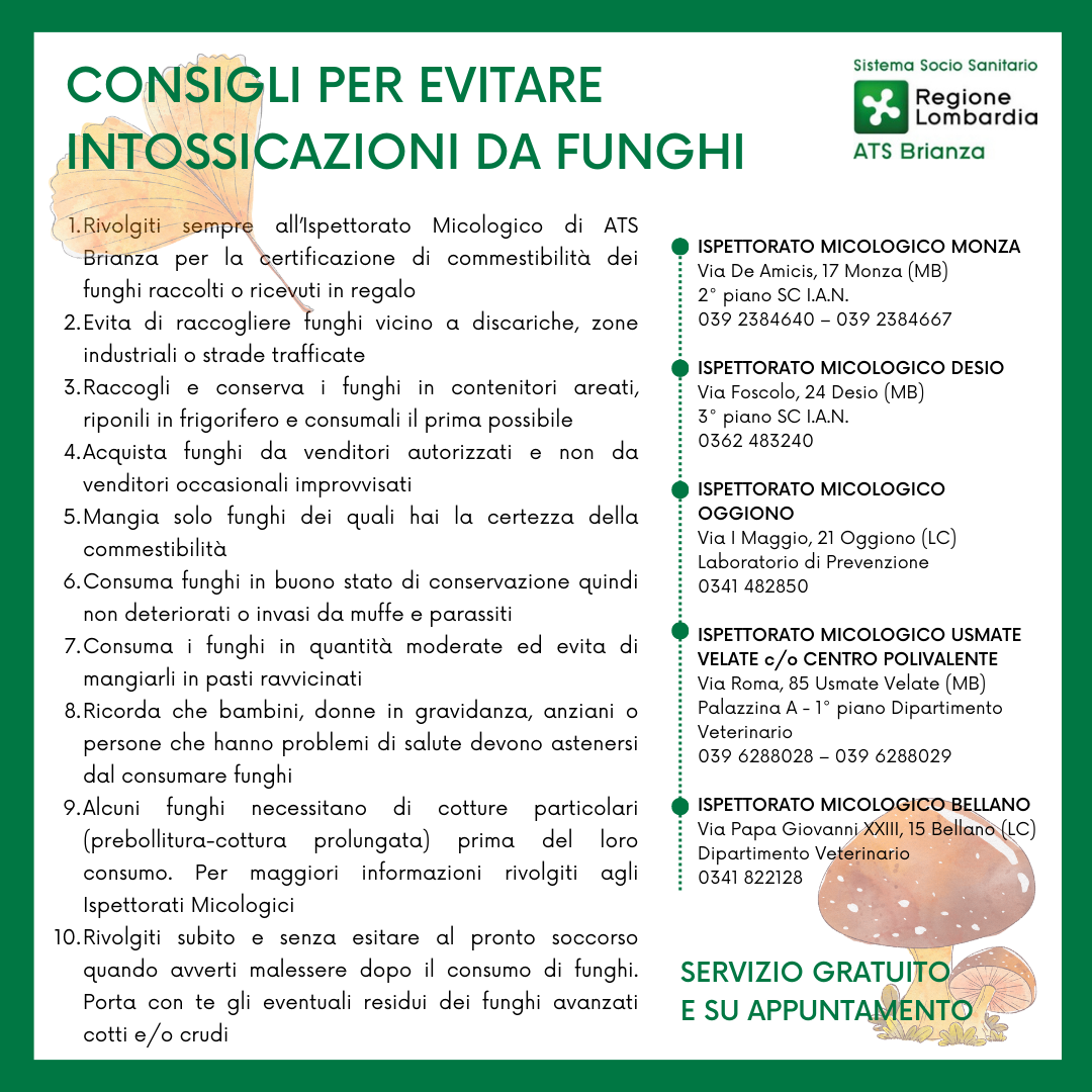 Ispettorato Micologico ATS Brianza: controllo gratuito dei funghi su appuntamento